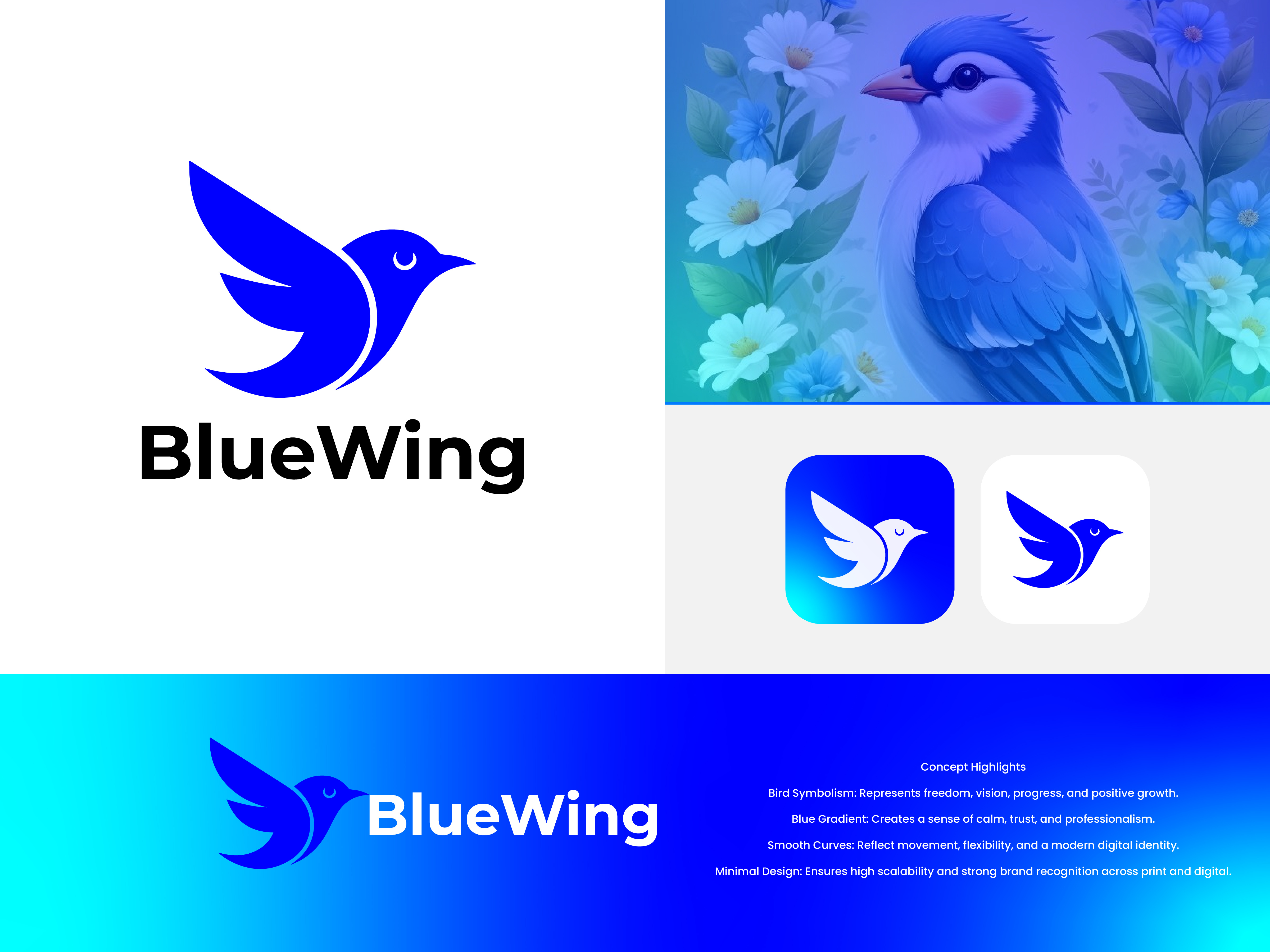 BlueWing – Modern Minimal Bird Logo Design 3d branding graphic design logo