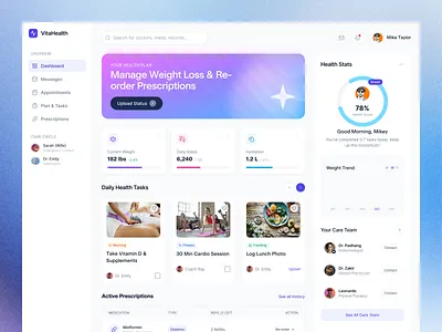 VitalHealth Dashboard UI for Health Management clean layout dashboard design health health management health stats healthcare ui intuitive design medical medical dashboard minimalistic modern pastel patient care prescription management tracking ui user friendly interface ux wellness app