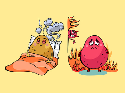 Hot Flashes Illustration book illustration cartoon cartoon character cartoon illustration character fire hormones hot hot flashes ill illustration illustration art illustrator menopause potato sick sweaty