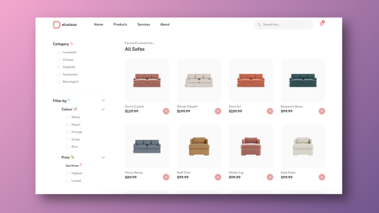 Clean UI, Minimalistic Product Page cart clean cleanui design ecommerce filter furniture minimalistic page page pagination pagepagination product page productpage products sofa store ui uidesign web design website