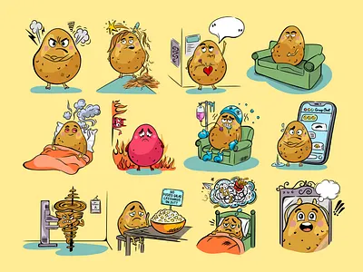 Potato cartoon illustration series showing cancer treatment book art book character book illustrations breast cancer cancer cancer treatment cartoon chemo chemo treatment illustration series illustration set potato series side affects symptoms