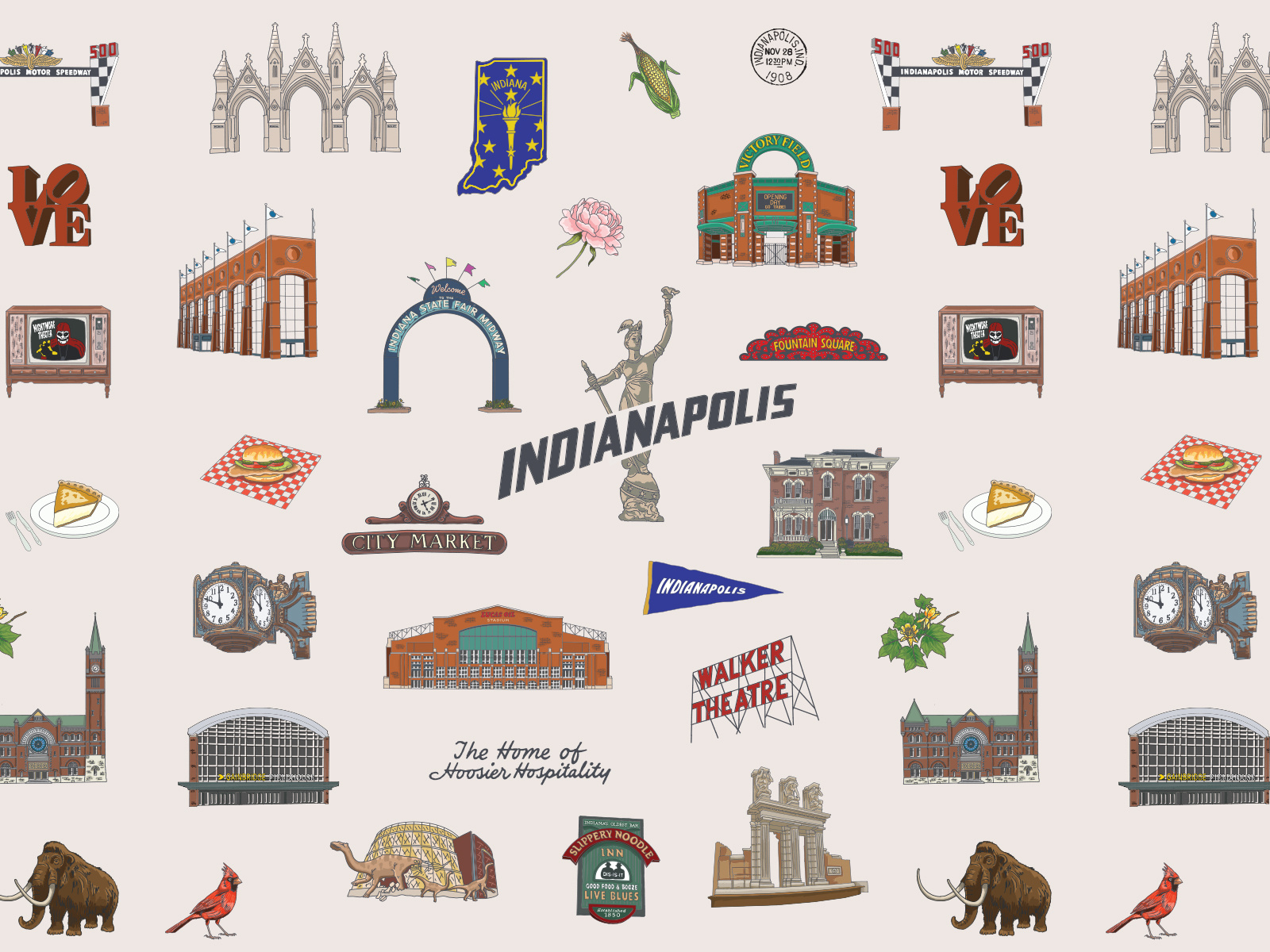 Indianapolis Destination Illustration – Landmark Collection architectural illustration branding illustration city illustration destination branding destination illustration hospitality design icon design landmark illustration line illustration map illustration pattern illustration surface pattern design tourism branding travel illustration