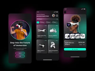 VR Shopping Mobile App 3dui appinterface arvr darkmodedesign designinspiration ecommerceapp figmadesign futuristicui immersivedesign mobileappdesign modernui neonui productdesign shoppingapp techui uidesign uxdesign uxuidesign vrapp vrdesign