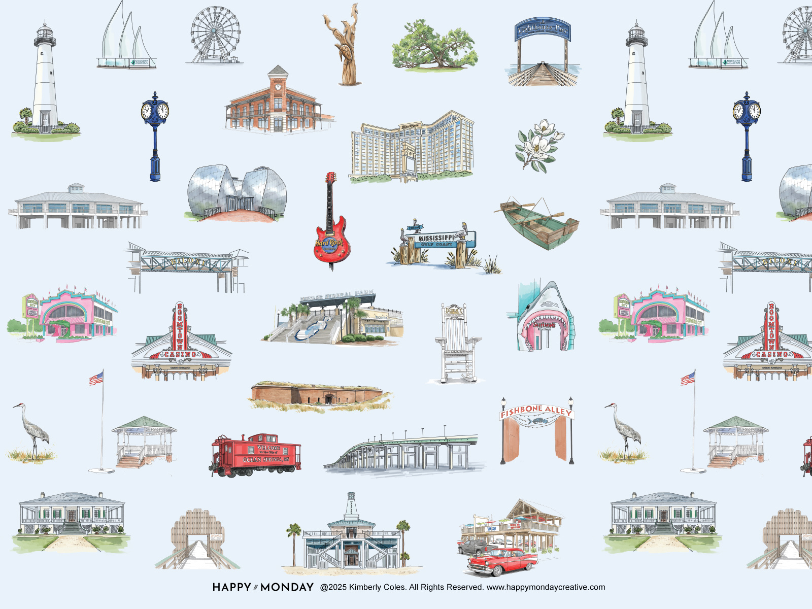 Mississippi Gulf Coast Destination Illustration System architectural illustration branding illustration city illustration destination illustration handdrawn hospitality hospitality branding icon design illustration illustration system landmark illustration line illustration pattern illustration property management design surface pattern design tourism branding travel illustration