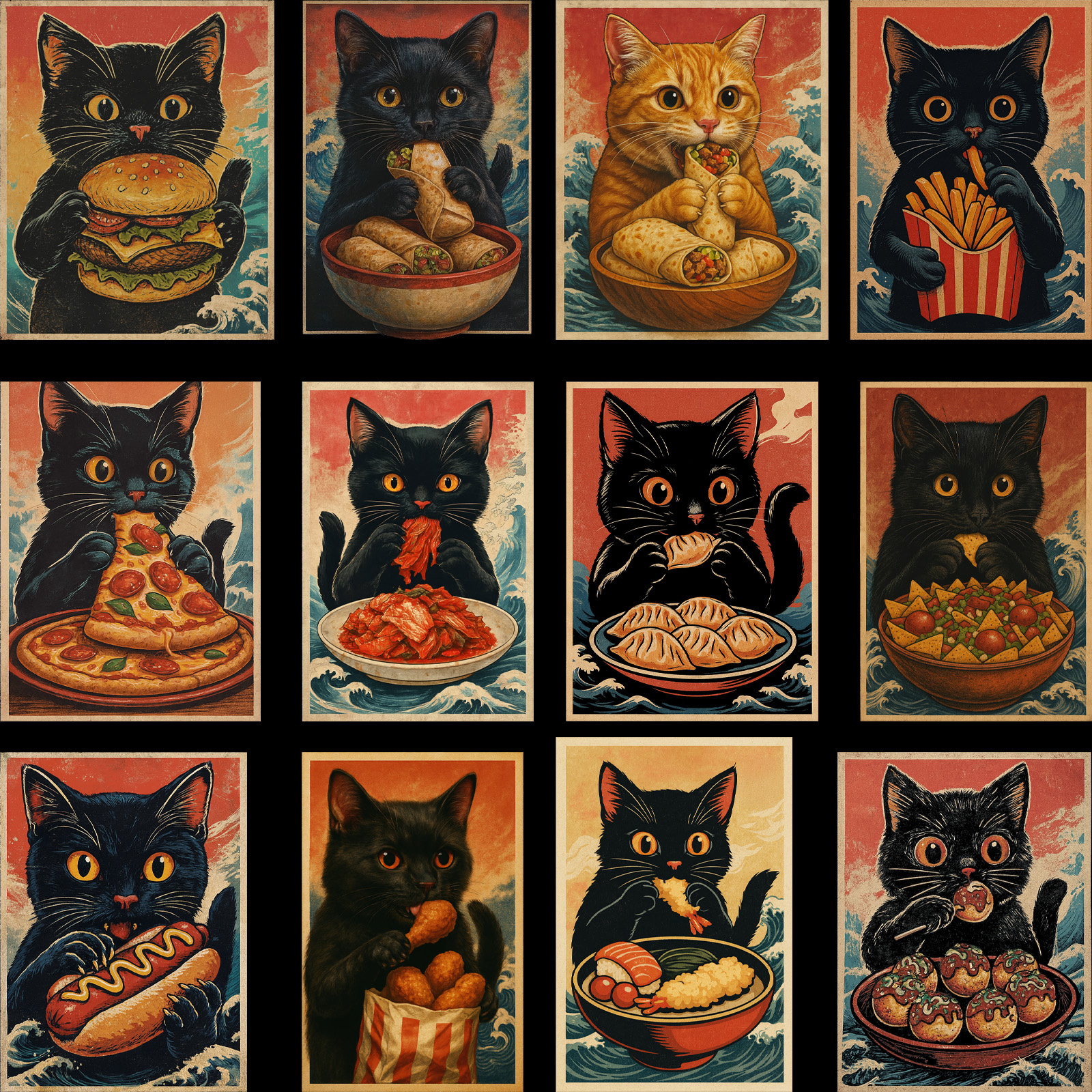 Ukiyo-e Cravings: The Hungry Cats Collection branding graphic design illustration japanese art logo merchandise print on demand retro t shirt design ukiyo e vintage style