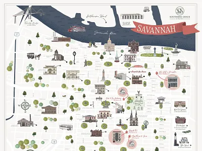 Custom Illustrated Downtown Savannah Map for Property Management architectural illustration branding city map destination destination illustration destination marketing guest experience handdrawn hospitality branding icon design illustrated map illustration landmark illustration map illustration property management design retro tourism branding travel illustration visitor bureau visual identity