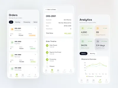 Supply Chain Agent mobile app | Orders & Analytics UI UX | SaaS analytics screen card design clean ui crm design data visualization figma design idealrahi interaction design logistic dashboard minimal ui mobile dashboard mobile ui modern ui ux order screen product design saas design supply chain app ui design ux design