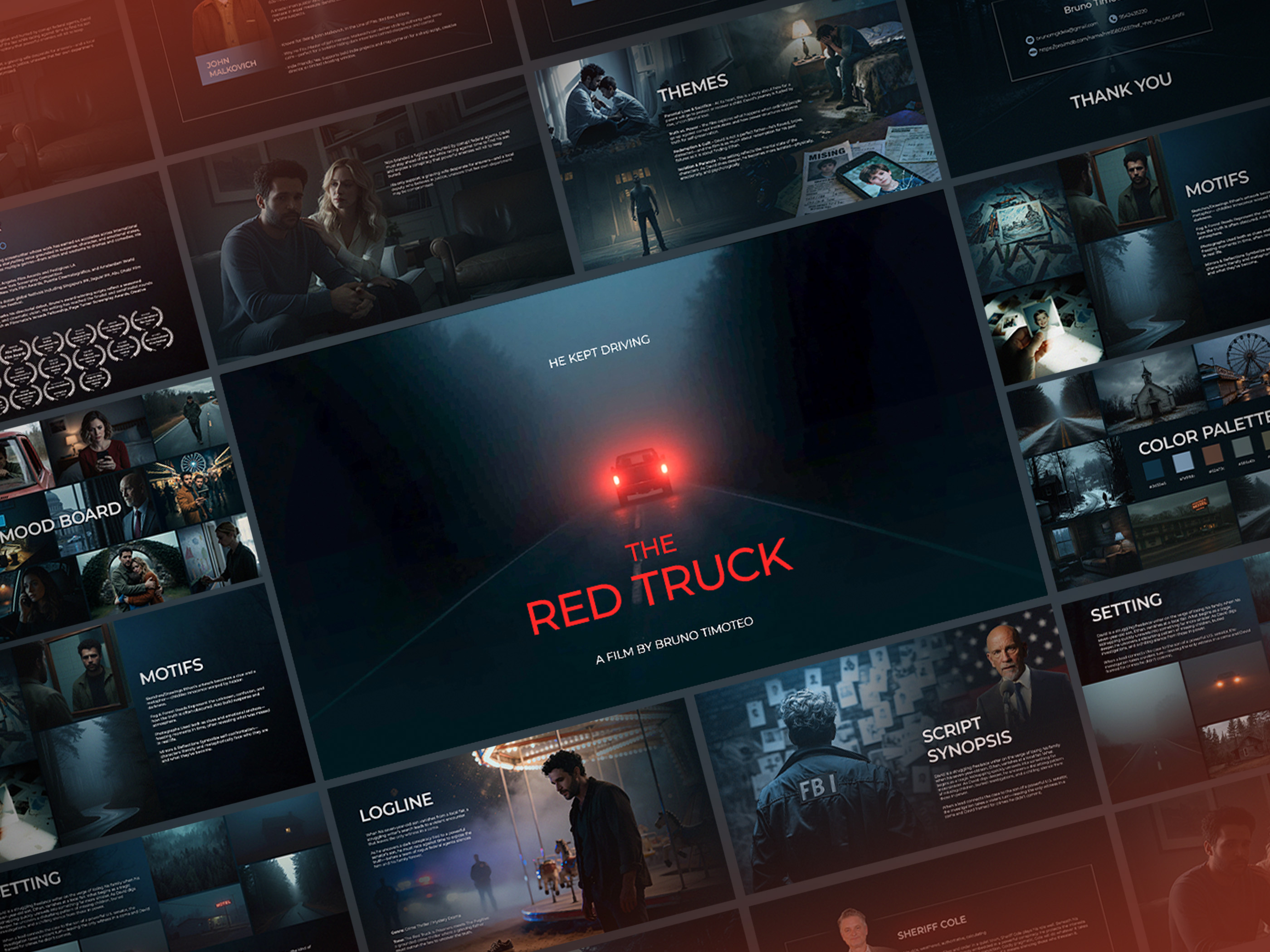 The Red Truck | Film Pitch Deck Presentation adobe illustrator adobe photoshop creative presentation design film deck film pitch deck graphic design illustration movie deck photoshop pitch deck pitch deck design pitch deck film powerpoint presentation story telling thriller visual identity visuallization
