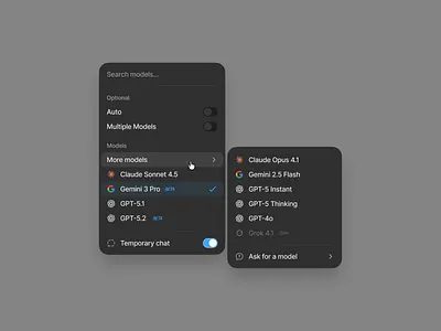 Dropdown menu for AI chat ai ai chat app chat clean dark dark theme design dropdown dropdown menu gemini gpt input interface menu minimal toggle ui user interface ux