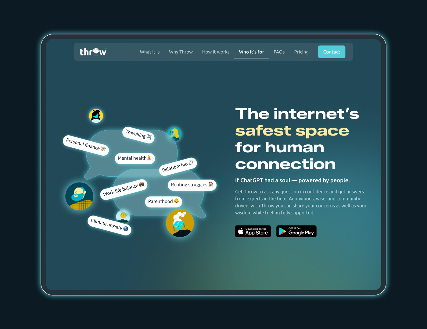 Throw — Social App Marketing Site animation app clean marketing page design digital products gradient web graphic design icons illustration landing lottie marketing site react native site social app ui webapp webflow wellness z1