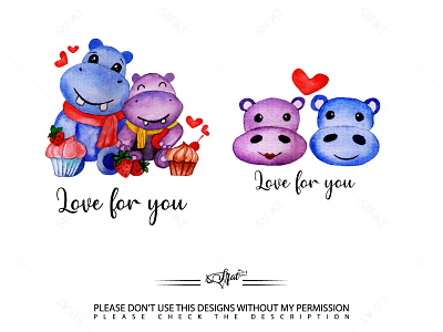Watercolor hippo couple clipart hippo valentine day couple