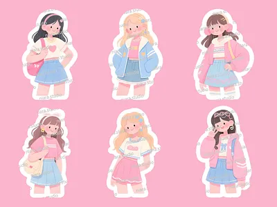 Cute Pastel Girls – Kawaii Fashion Sticker Pack design digital stickers illustration stickers