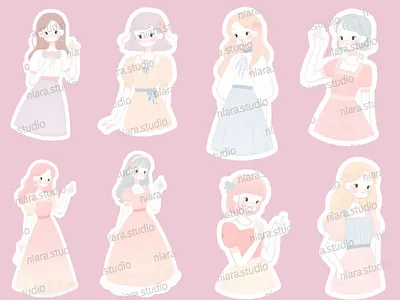 Soft Pastel Girls – Vintage Dress Sticker Pack cute design digital digital stickers girls illustration kawaii stickers vintage