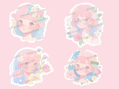 Dreamy Pastel Girls – Soft Watercolor Sticker Set cute design digital digital stickers girls illustration kawaii stickers