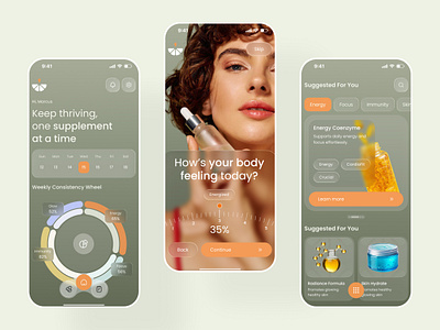 Supplement Tracker App — Glassmorphism UI Design app app design application application design clean ui frosted glass ui glassmorphism health tracker ios app design minimal app mobile mobile app mobile app design mobile ui modern design product supplement app vitamin tracker