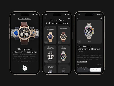 EliteWrist luxury watch collection app appinterface appux luxuryapp luxurybrand luxurybuysell luxurydesign luxuryproducts luxurystyle luxurywatch luxurywatchapp mobile app design mobile app ui mobileappdesign mobileui mobileux uidesign userinterfacedesign ux ui uxdesign watch app