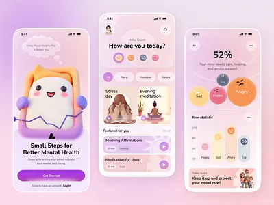 Mood Tracking & Mental Wellness App UI app designer cute character daily mood emotional support health app meditation app mental health mindful design mobile app mood tracker self care stress relief ui design ui ux designer for app ux design wellness app