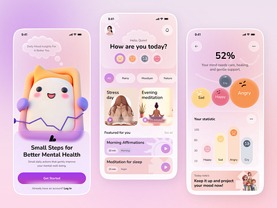 Mood Tracking & Mental Wellness App UI app designer cute character daily mood emotional support health app meditation app mental health mindful design mobile app mood tracker self care stress relief ui design ui ux designer for app ux design wellness app