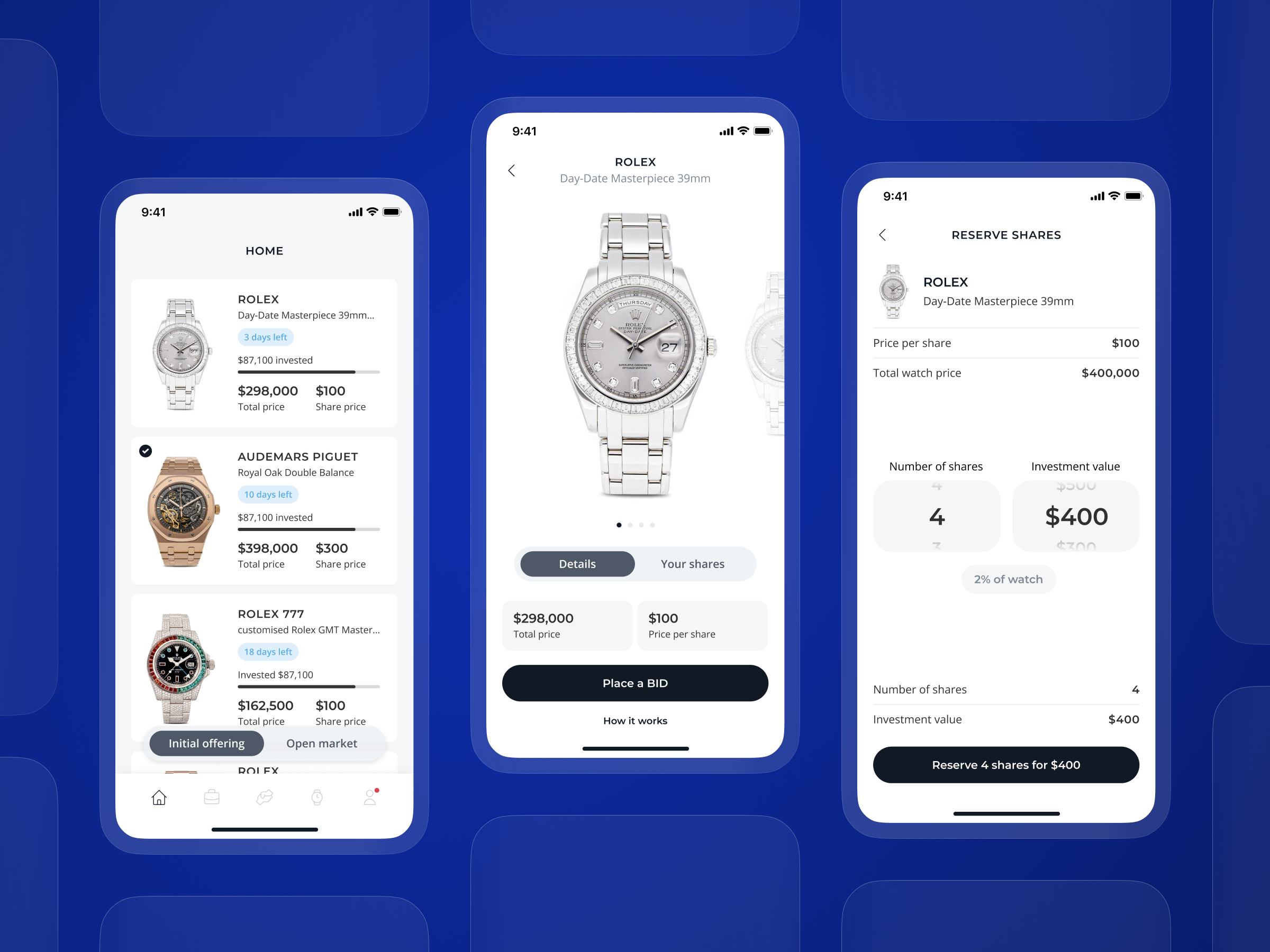 Luxury watch investing and trading platform bottom menu cards empty state home page illustration list progress bar segmented control slider switch tags watch