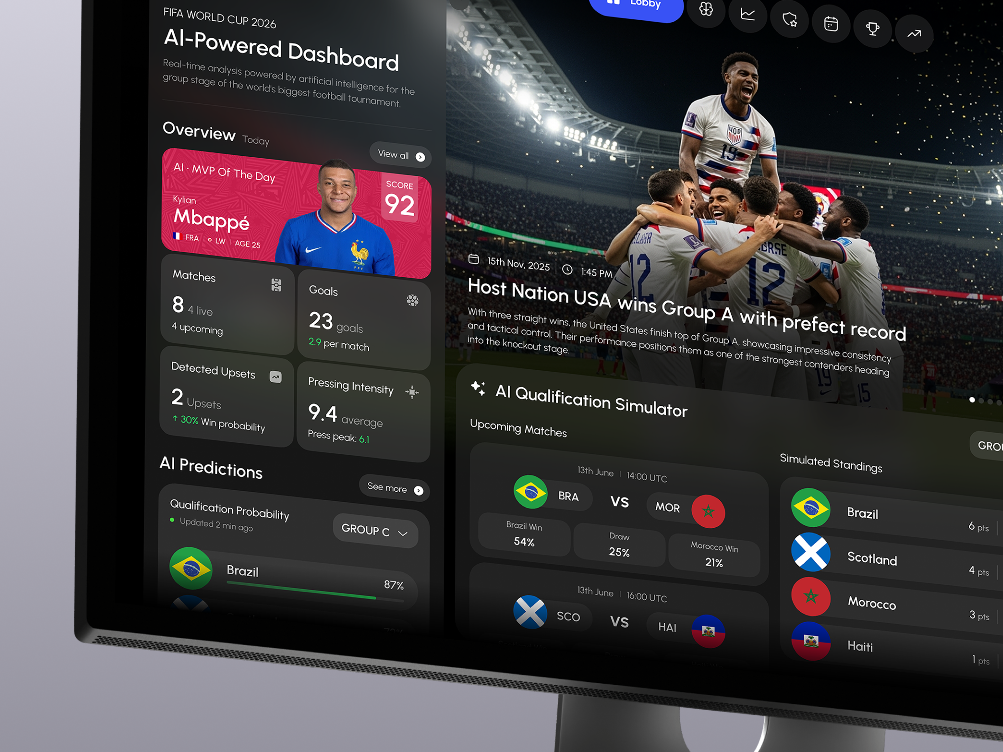 FIFA World Cup 2026 - Stats & Analytics Hub ai artificial intelligence dashboard football innovation landing page live match minimalism platform soccer sport statistic ui design ux design website world cup 2026