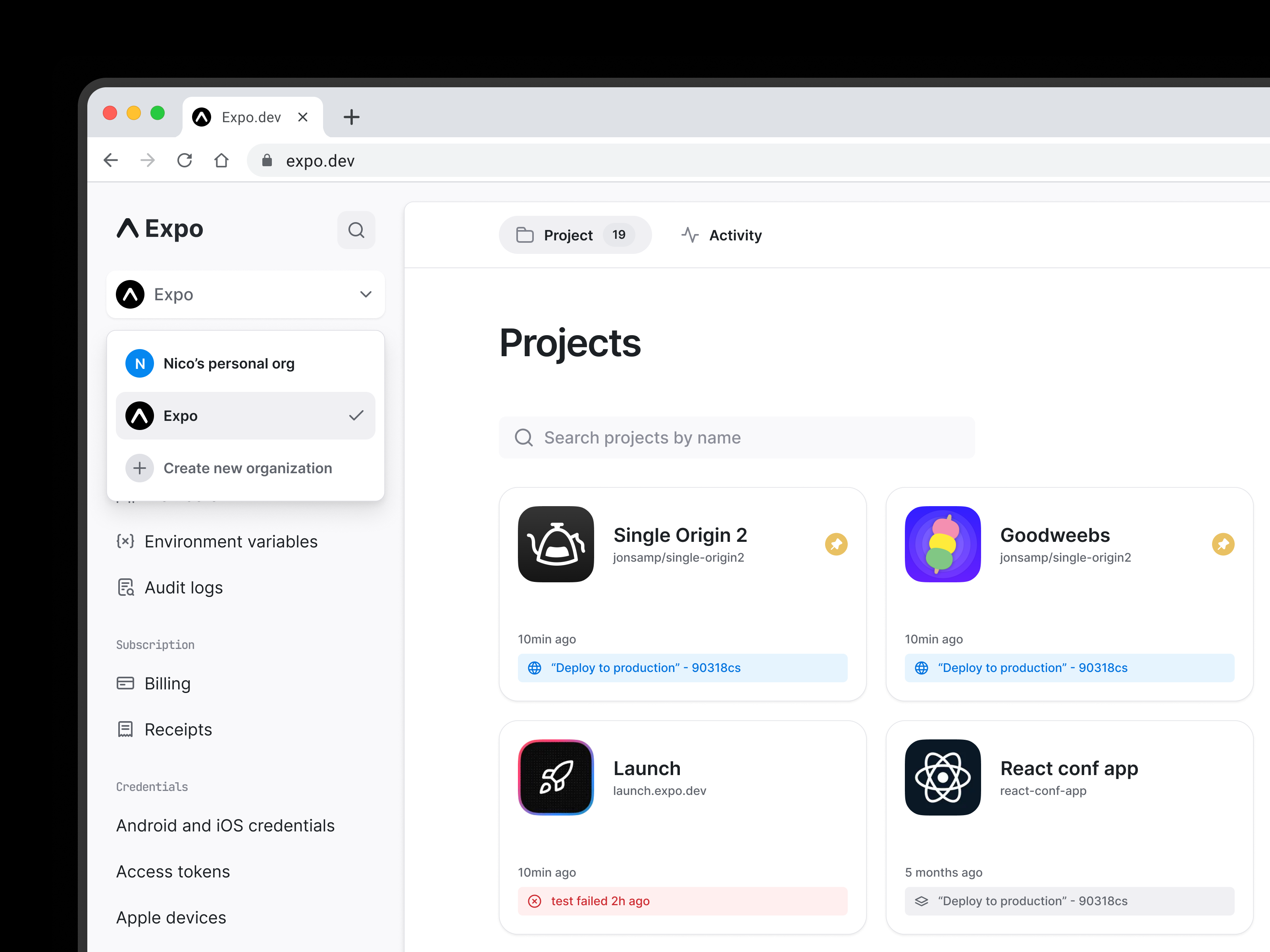 Expo dashboard dashbaord dev tool layout product sidebar ui web web app