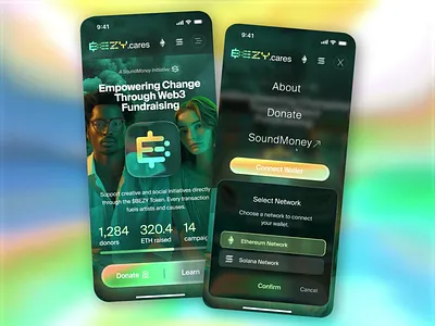 BEZY Cares — Web3 Fundraising Mobile UI with Smart CTA Animation animated ui blockchain app crypto crypto design cta design defi ui donation app ethereum ui fintech ui fundraising ui glassmorphism gradient ui mobile ui solana ui startup design wallet connect web3 web3 design