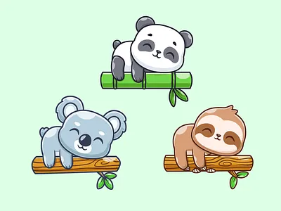 Happy Weekend🐨🐼 animal bamboo branch branding character cute doodle dream flat icon illustration koala leaf logo panda relax sleep sloth tree wood