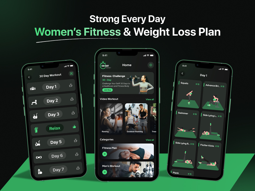 30 Day Workout – Home Fitness App | UI/UX Design 🏋️ 30days workout appdesign application dark ui figma fitness healthcare iosapp landing page mobile app motion graphics prototyping ui uidesign uiux user research uxdesign visualdesign