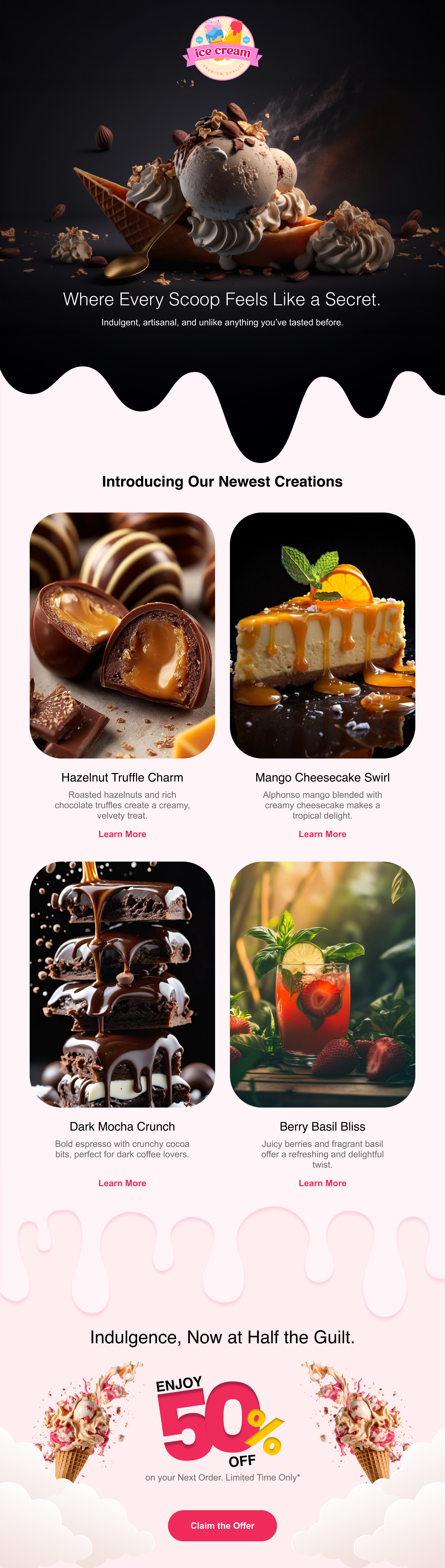 Premium Emailer Design for a Luxury Ice Cream Brand aesthetic animation black ui branding clean crads design emailer graphic design ice cream landing page minimal offer prototype research typography ui ux website winter