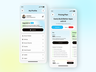 Ai Idea Management Mobile App My Profile & Pricing Plan ai app ai interaction ai technology ai voice app design design veli dribbble mobile app payment ui pricing plan profile screen saas app smart assistant subscription ui ui design ux design voice app voice assistant voice control voice ui