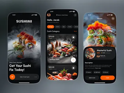 Food Order Mobile App app concept dark ui e commerce ecommerce app food app food delivery food delivery mobile app ios app mobile mobile app mobile ui modern ui online shop ordering app restaurant app sushi app ui ui design ux ux design