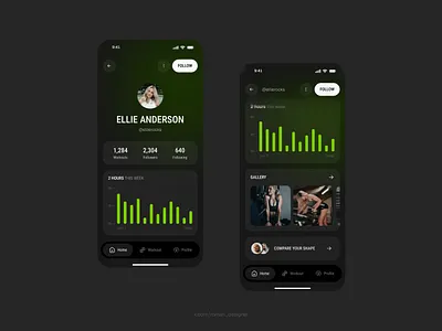 Athlete profile bar chart dark mode green gym interaction name neon photo profile sport stats training ui ux workout