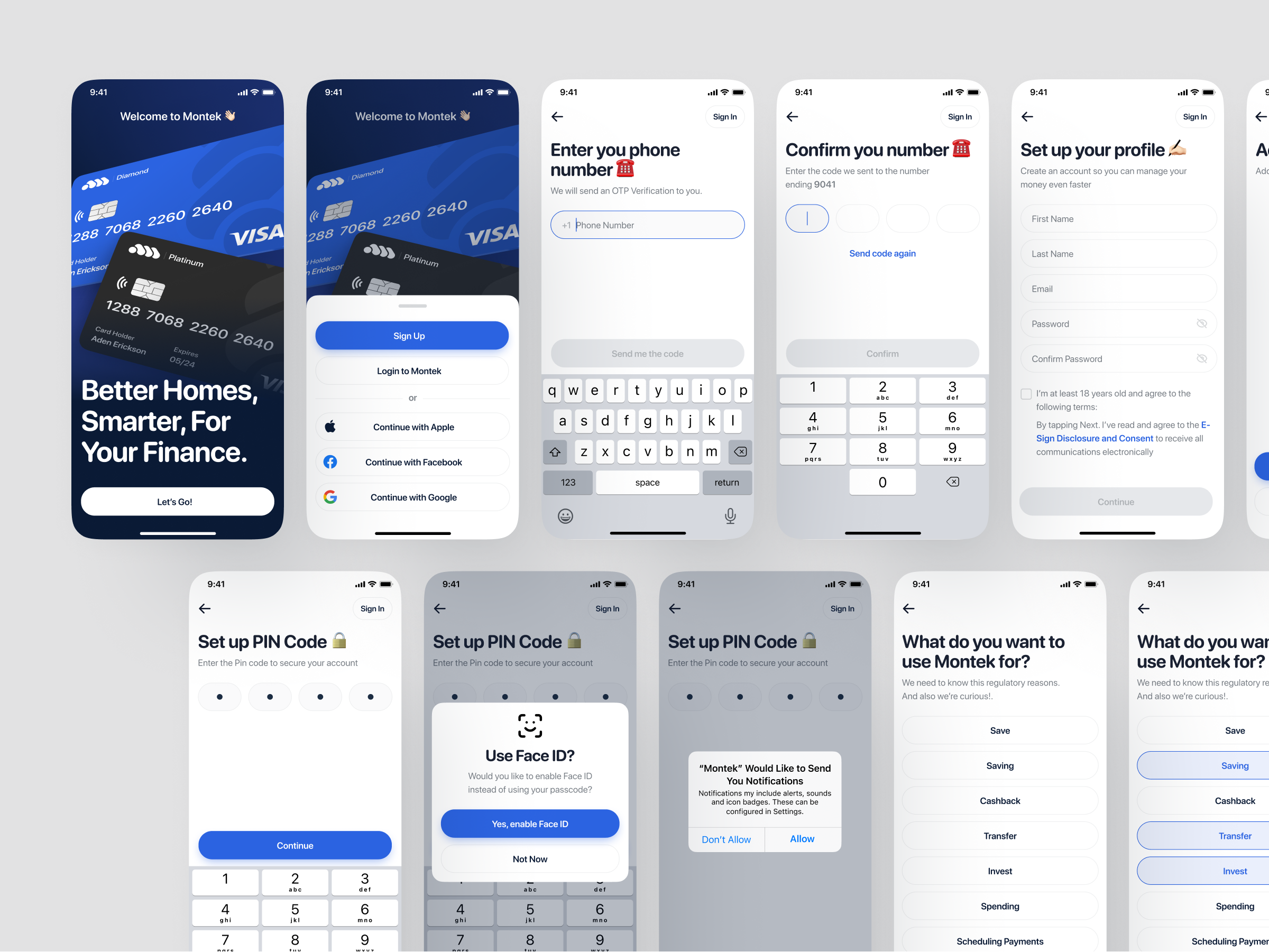 Montek - Sign In & Sign Up Screens app banking card concept confirm email forgot password money transfer onboarding onboarding screen one time password password registration sign in sign up signin signup spending start screen terms of service walkthrough walkthroughs