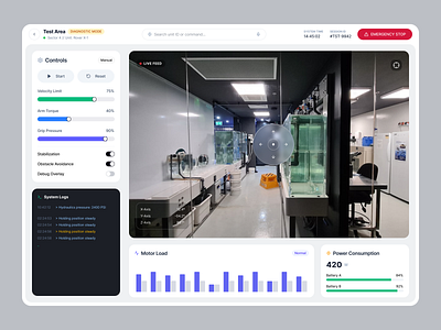 Future Robotics - Remote Test Area Dashboard UI admin panel clean ui control panel dark ui dashboard data visualization drone controller futuristic industrial design interaction design interface monitoring system remote control robotics saas smart lab tech ui design ux design web application