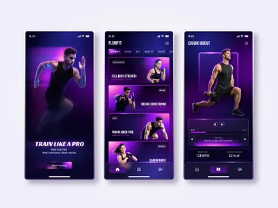 Fitness Mobile App UI/UX Neon Dart Theme Design android app app concept cards ui dark ui dashboard fitness app gradient health fitness interaction design ios app mobile app design modern ui neon ui product design sports app training app ui design ux design visual design workout app