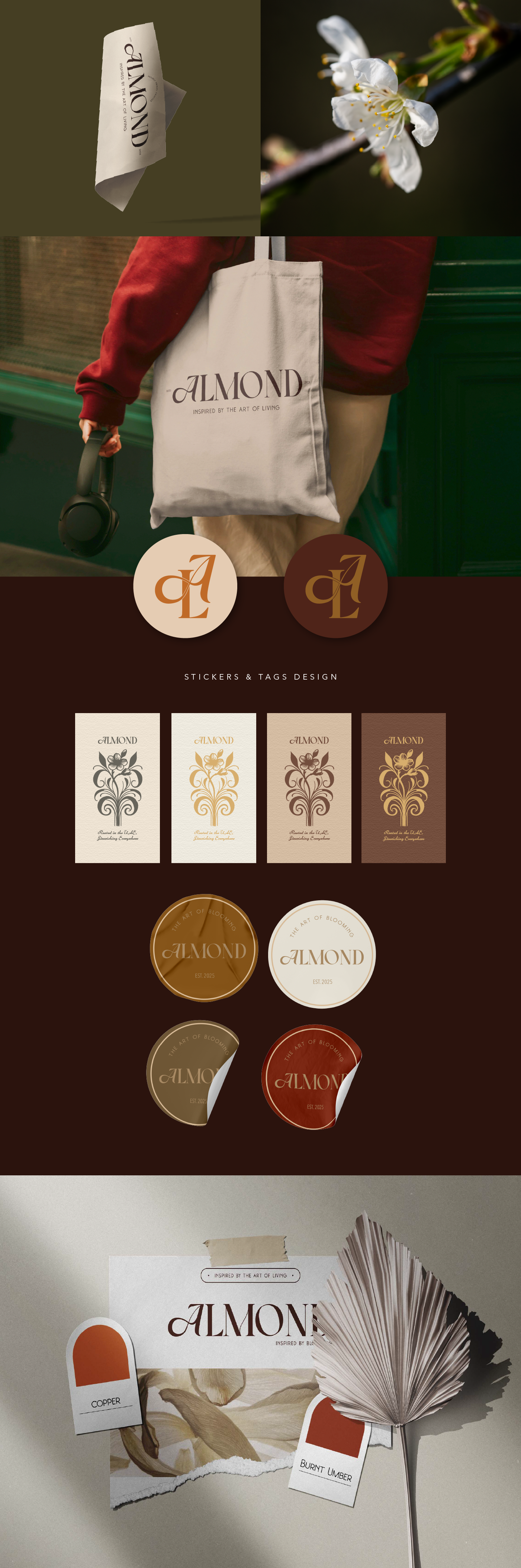 ALMOND — Stickers, Tags & Brand Details art direction brand design brand details brand identity branding creative direction feminine branding graphic design label design luxury branding material design packaging design print design sticker design tag design visual identity visual language