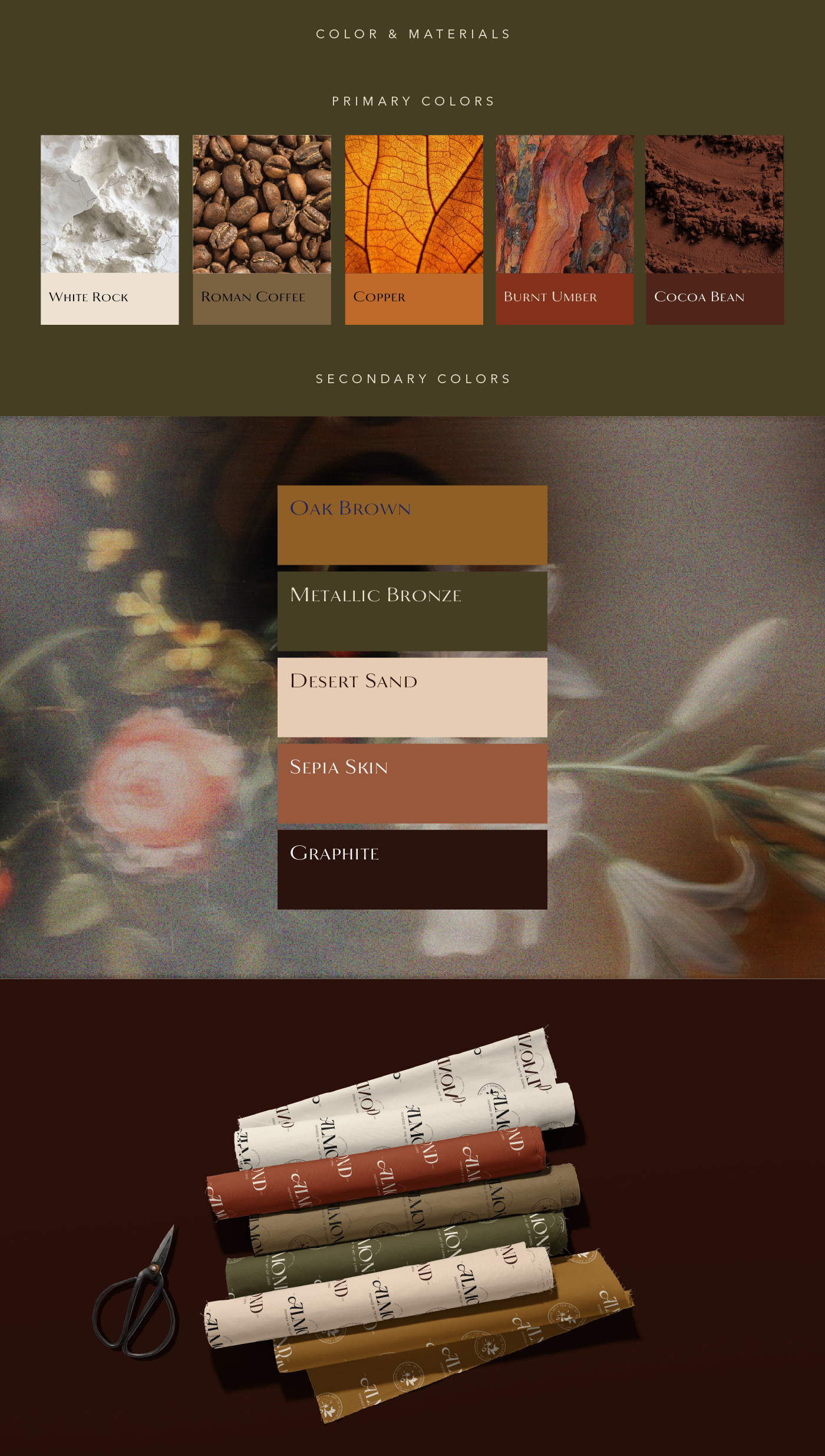ALMOND — Color Palette & Materials art direction brand colors brand design brand identity branding color palette color system creative direction graphic design luxury branding material design packaging design texture design visual identity visual language