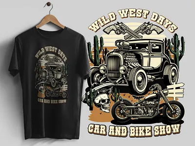 WILD WEST DAYS CAR AND BIKE SHOW apparel design biker car show chopper classic car digital art graphic design hot rod illustration kustom kulture retro skull. t shirt design vector art vintage illustration. wild west