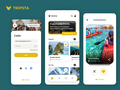 Tripsta- Travel based on shared interests. app design friends front end product design tinder travel travel app typography ui uiux us user interface ux