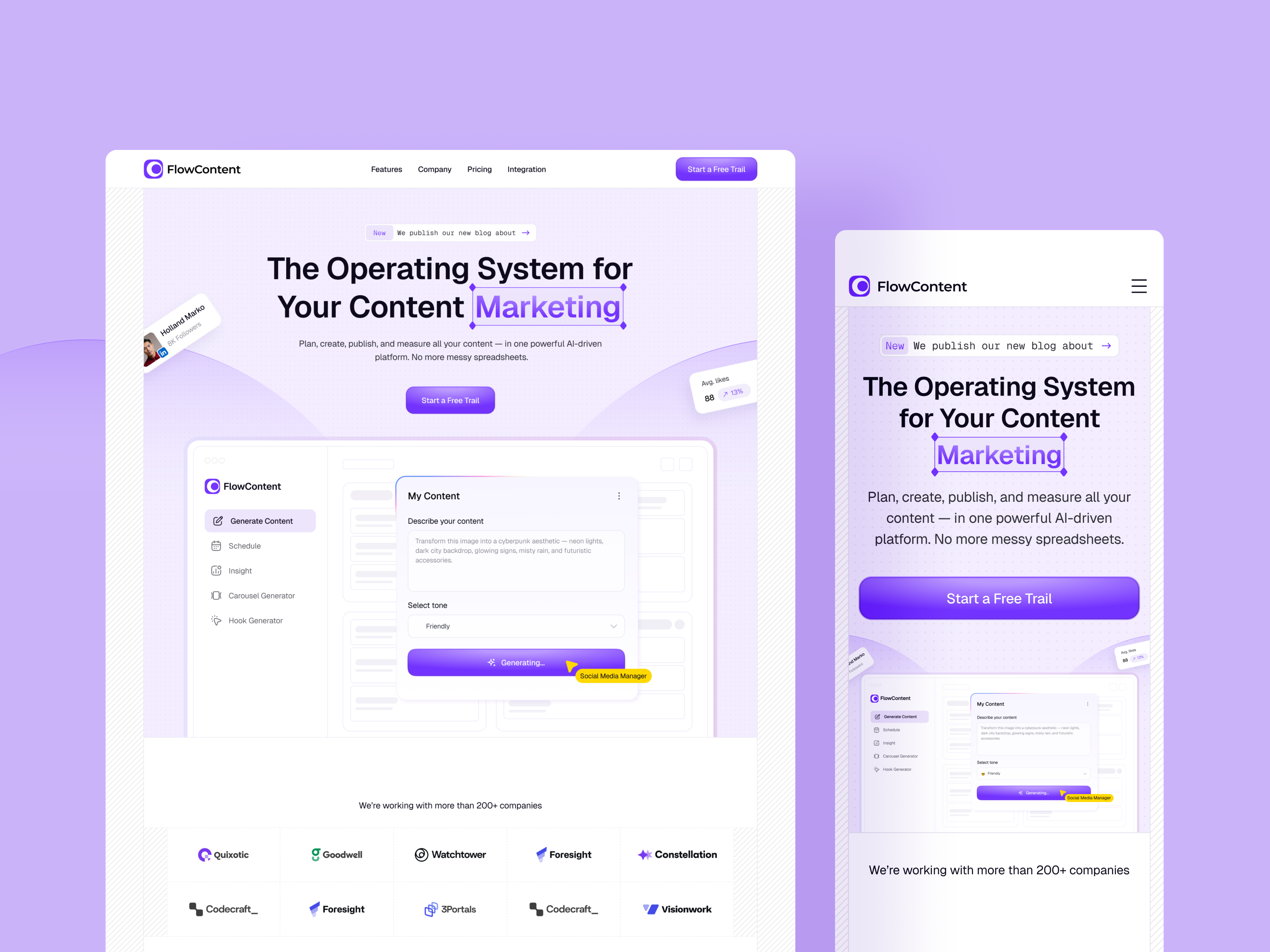 FlowContent — Content Marketing SaaS Template ai saas b2b saas content management content marketing conversion design dashboard ui design framer template landing page marketing automation no code product design saas website startup typography ui ux ux ui web design