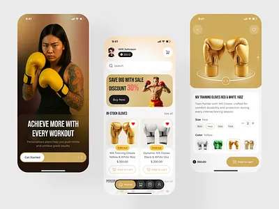 Premium Boxing Gear Shopping Mobile App appdesign boxing boxingapp boxinggear ecommerce app ecommerceapp fitnessapp gloves graphic design hoppingapp iosapp mobile app mobile app design productdesign sportapp traininggear ui uidesign uiuxdesign uxdesign