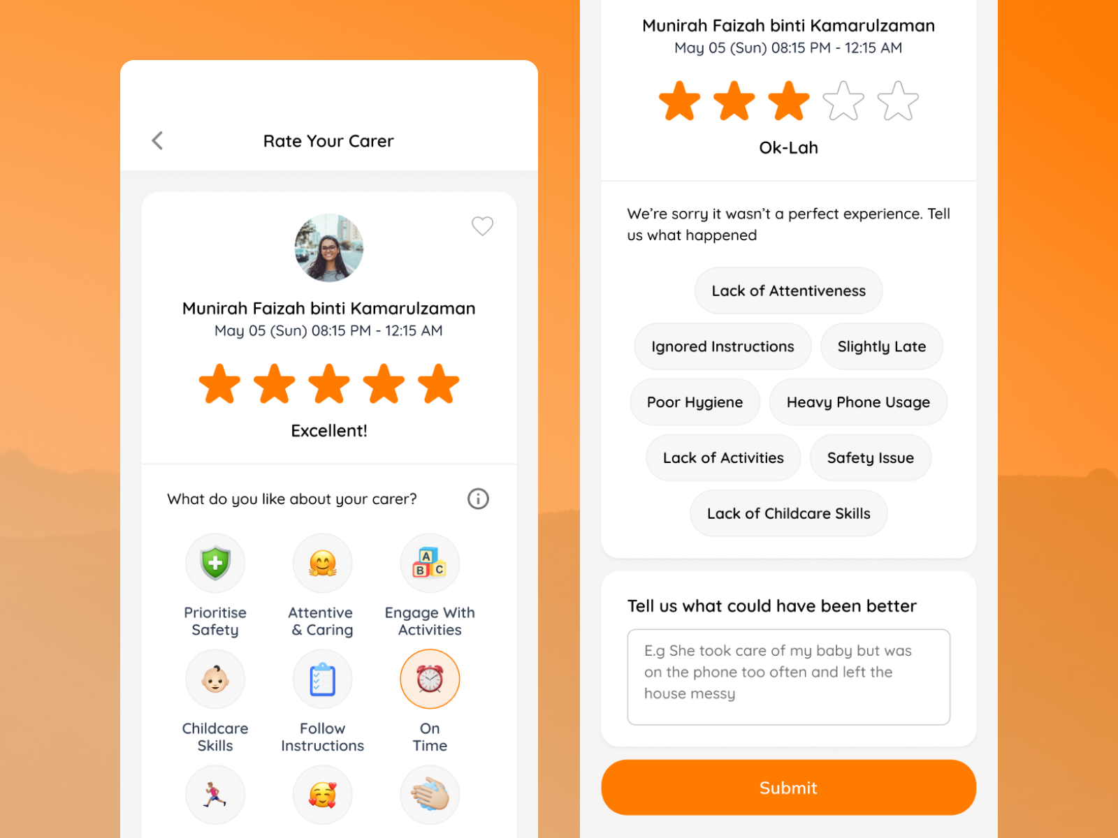 Example of Rate / Review babysitter