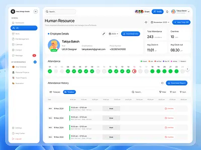 HRMS Dashboard - Attendance Tracker (Timesheet) analytics application attendance overview company hr portal crm dashboard employee portal everyday sheet graphs hours sheet hr hr management hrms human resource human resources management leave tracker monthly tracker product design saas timesheet