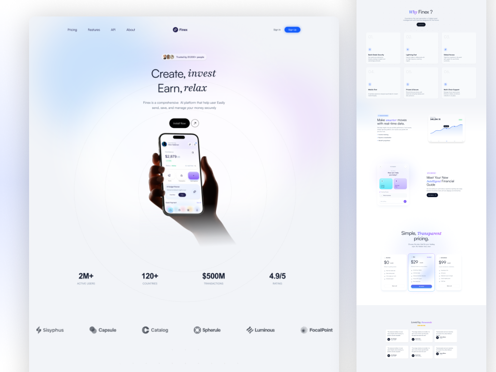 Finex - AI Based Expense Tracker Web Landing Page ai landing page app design clean sleek landing page creative design creative hero section creative ui landing page fintech app fintech landing page fintech lanidng page ui design landing page ui modern fintech app modern landing page product landing page ui ui design ux