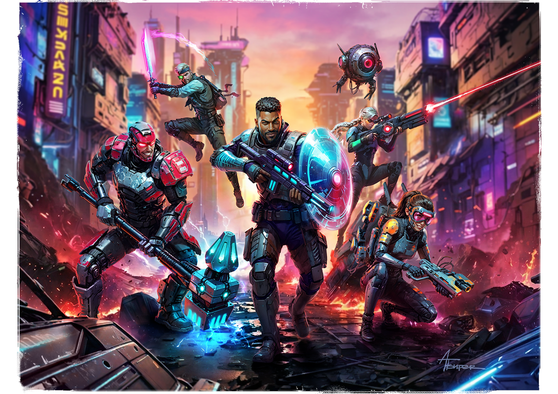 SCI-FI BATTLEGROUND HEROES 2d battleground character character design concept art cyberpunk futuristic illustration key visual scifi storyboard urban weapon design