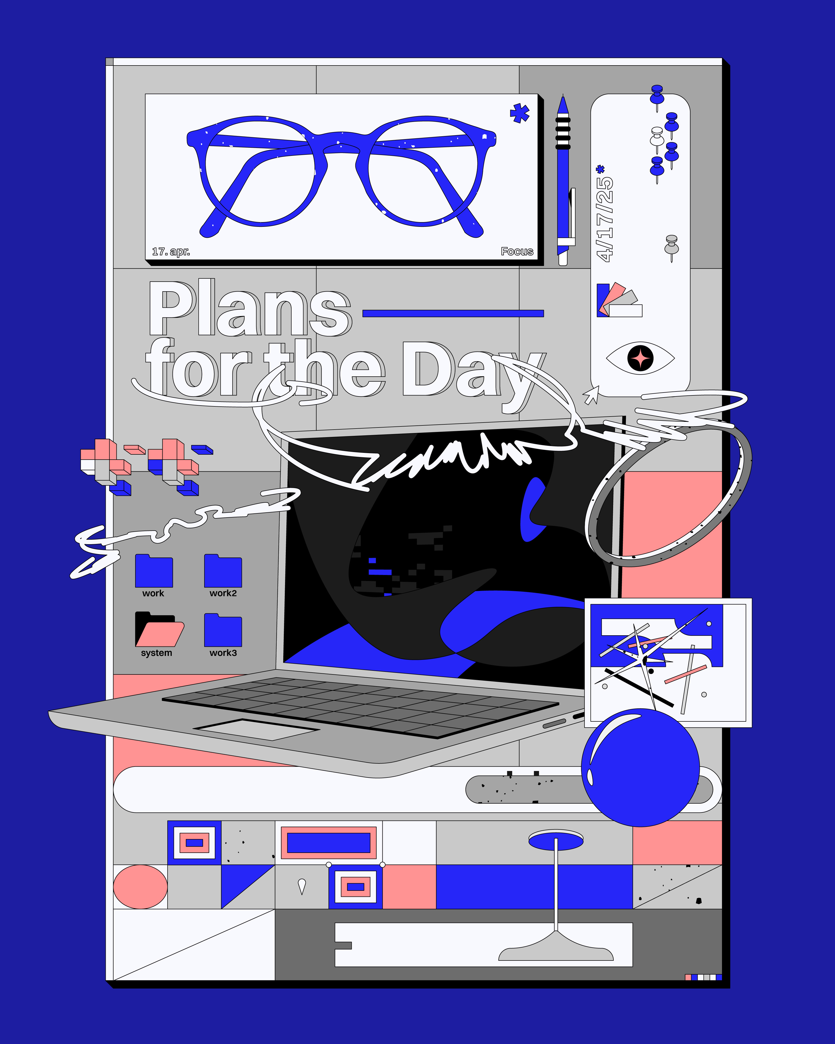 Plans for the Day blue color palette colorful company corporate glasses graphic design grey greyscale grid laptop modern illustration office plans poster symbols tech vector vector art vectorart