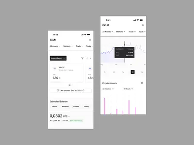 EXLM responsive dashboard animation chart ui clean interface crypto wallet dashboard dashboard design financial dashboard fintech mobile fintech ux investment app mobile mobile charts mobile ui product design responsive design trading app ui ux
