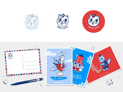 Logo and visuals for SWISS CATSS cat cute illustration leman logo postcard swiss vector