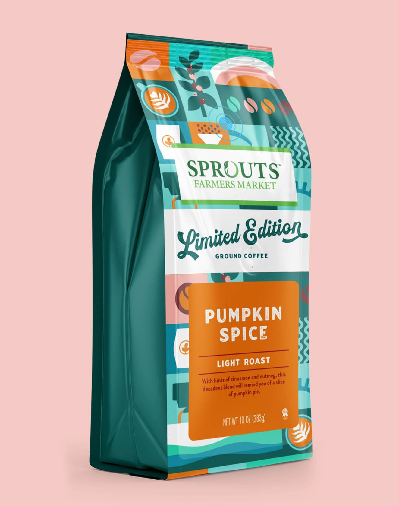 Sprouts Farmers Market Coffee Redesign coffee food food packaging graphic design green illustration label label design package design packaging pink pumpkin redesign teal ui