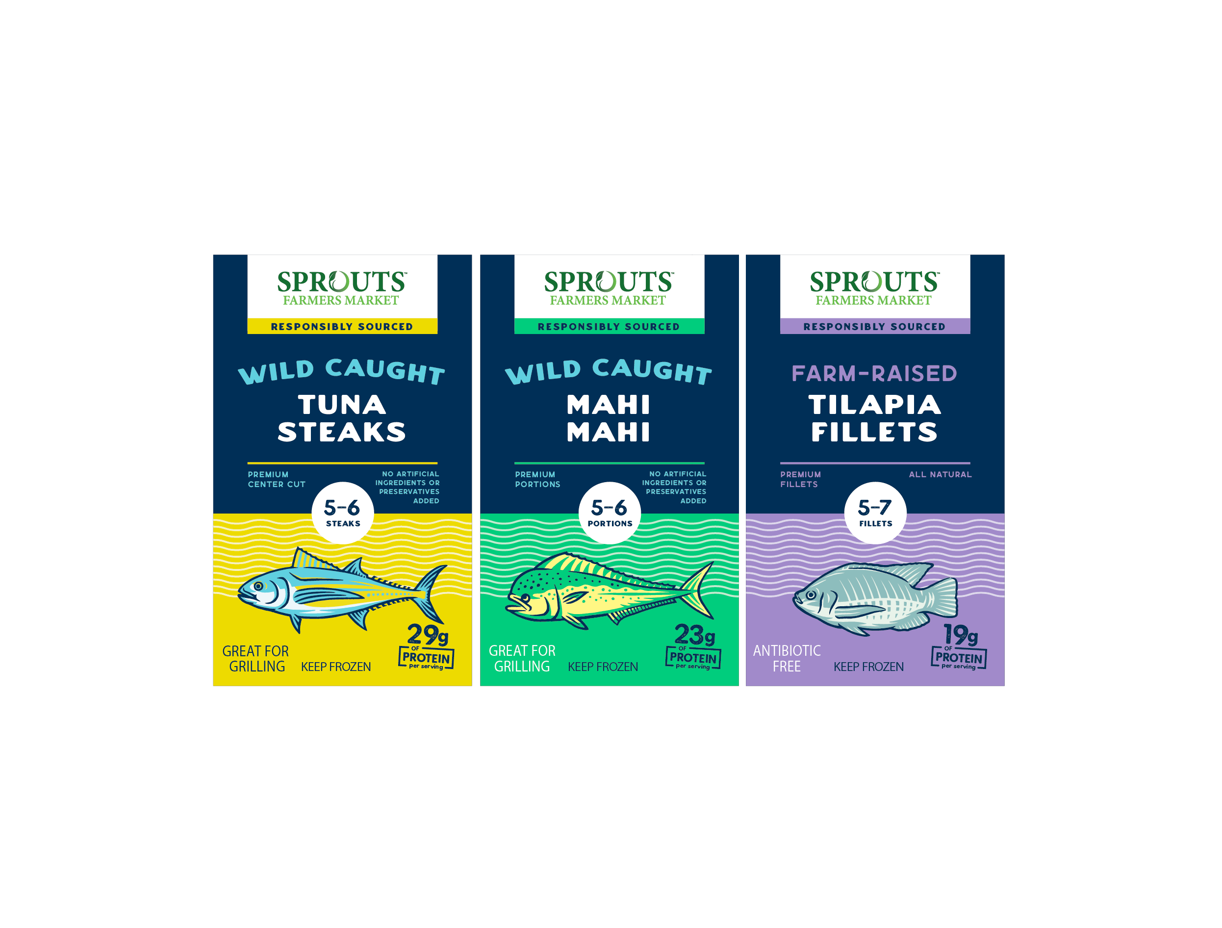 Sprouts Fin Fish Packaging fish food illustration label design package design packaging redesign seafood